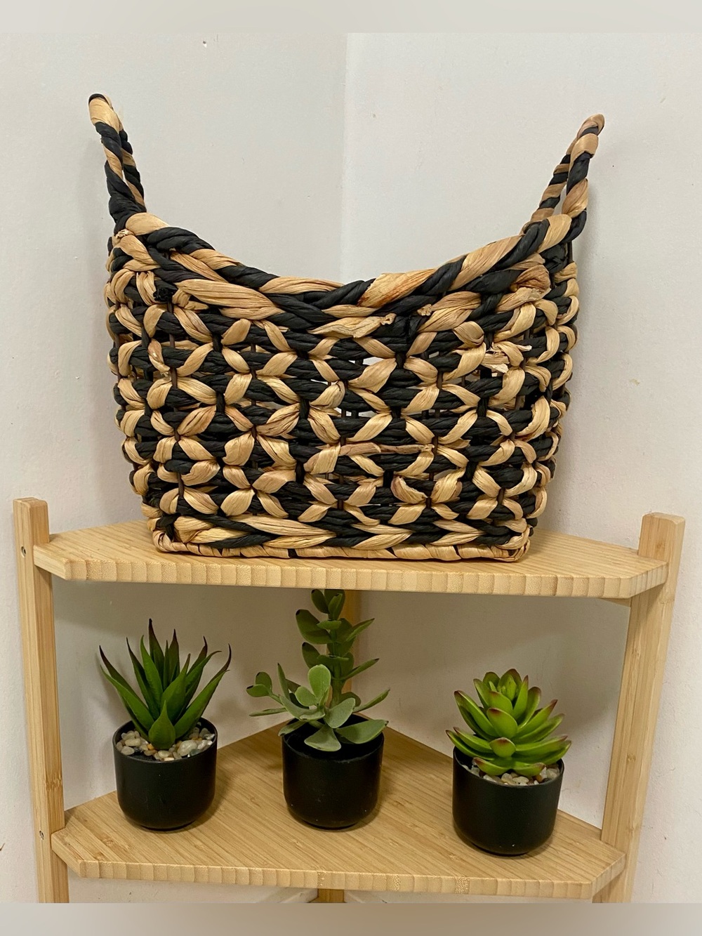 Woven Two-Tone Black and Natural Storage Basket